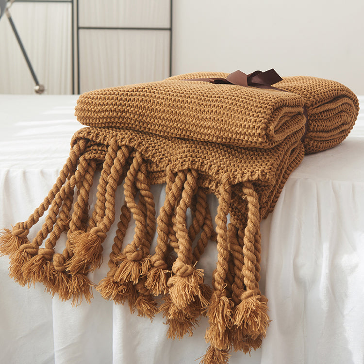 Waffle Knit Throw Blanket with Tassels Brown