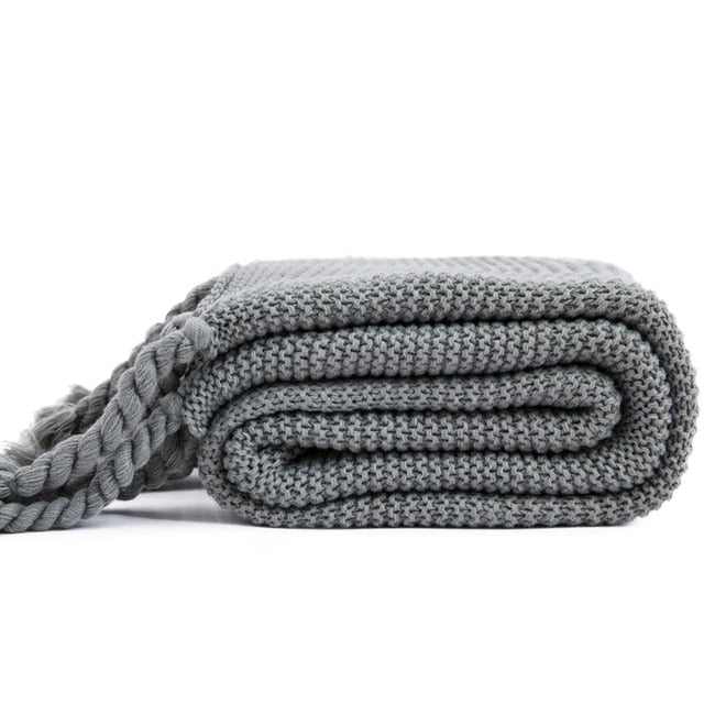 Waffle Knit Throw Blanket with Tassels Grey
