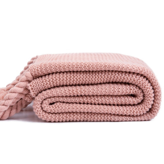 Waffle Knit Throw Blanket with Tassels Pink