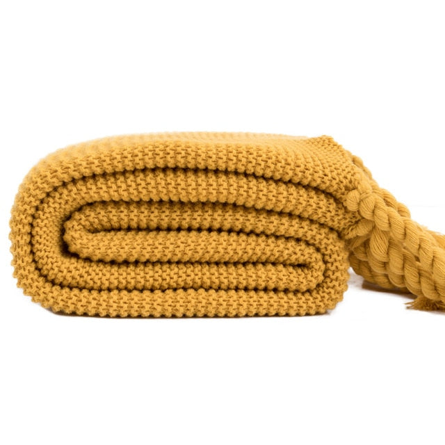 Waffle Knit Throw Blanket with Tassels Mustard