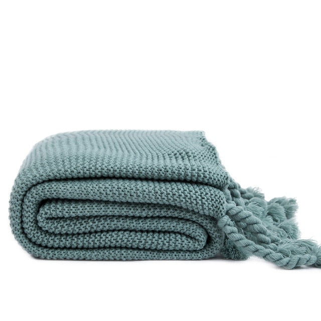 Waffle Knit Throw Blanket with Tassels Blue