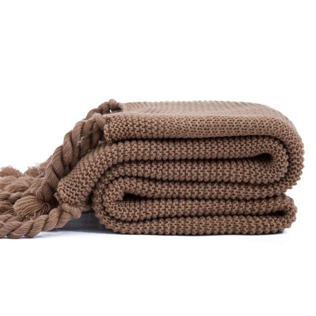 Waffle Knit Throw Blanket with Tassels Coffee