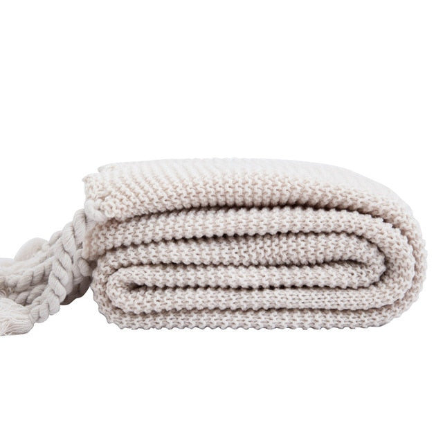 Waffle Knit Throw Blanket with Tassels Ivory
