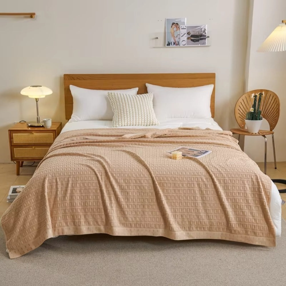 Waffle Cotton Summer Bedspread Throw Blanket Beige Glow