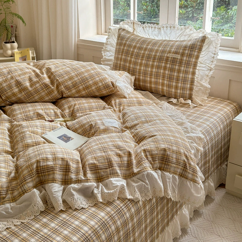 Washed Cotton Plaid Duvet Cover – Ruffled Lace Brown