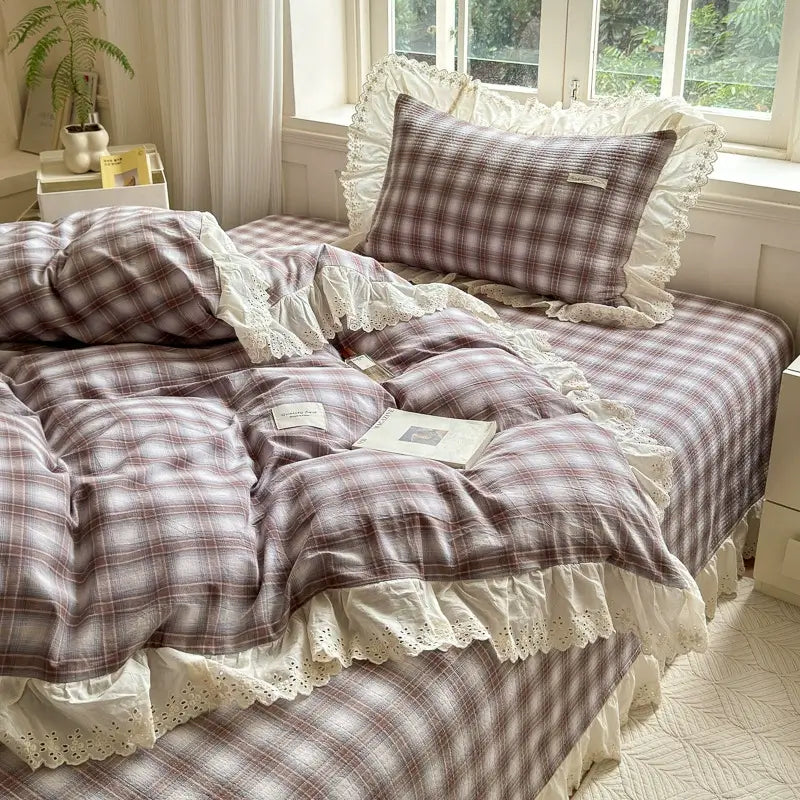 Washed Cotton Plaid Duvet Cover – Ruffled Lace Coffee