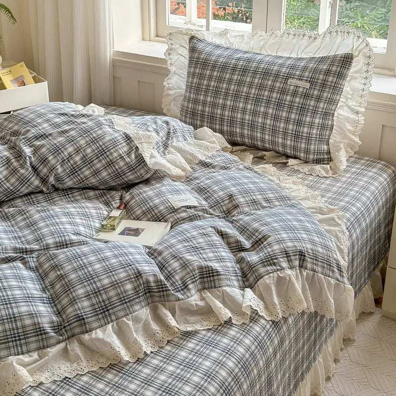 Washed Cotton Plaid Duvet Cover – Ruffled Lace Blue