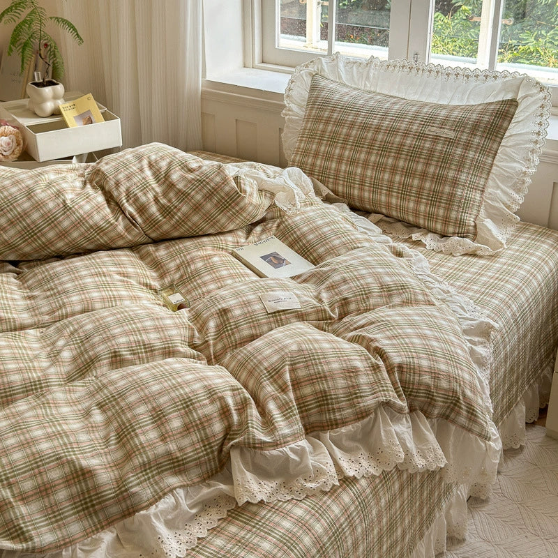 Washed Cotton Plaid Duvet Cover – Ruffled Lace Green