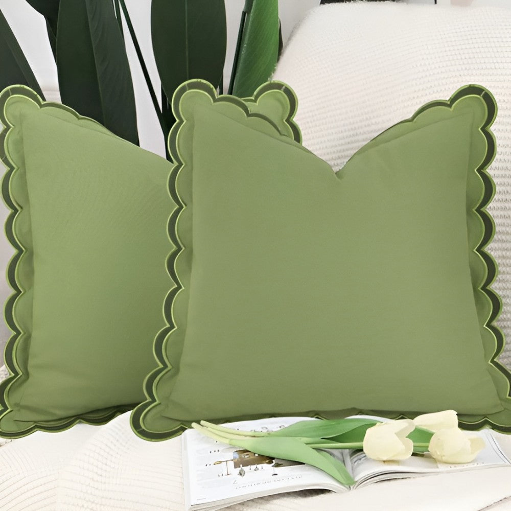 Wave Edge Cotton Cushion Cover Olive Bloom