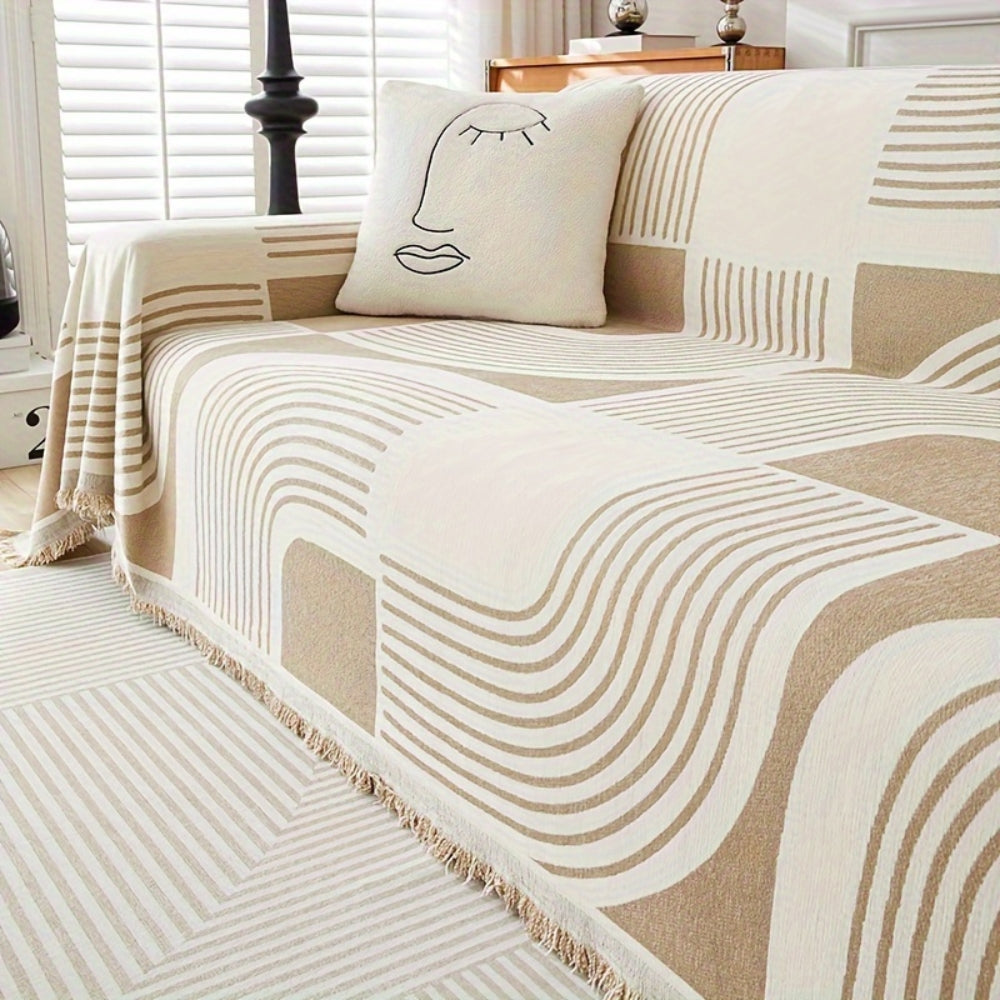 Wavy Stripe Boho Sofa Cover Beige Arches