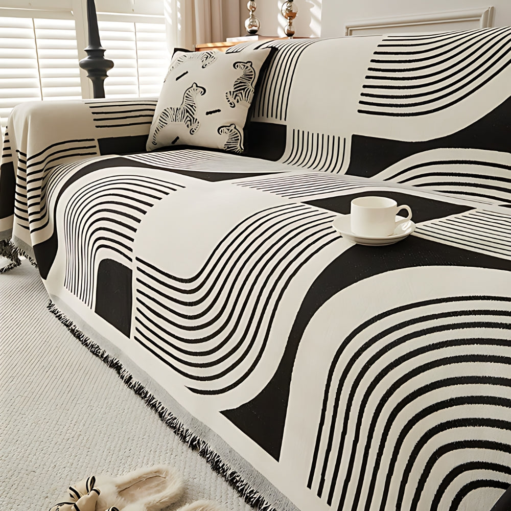 Wavy Stripe Boho Sofa Cover Black Arches