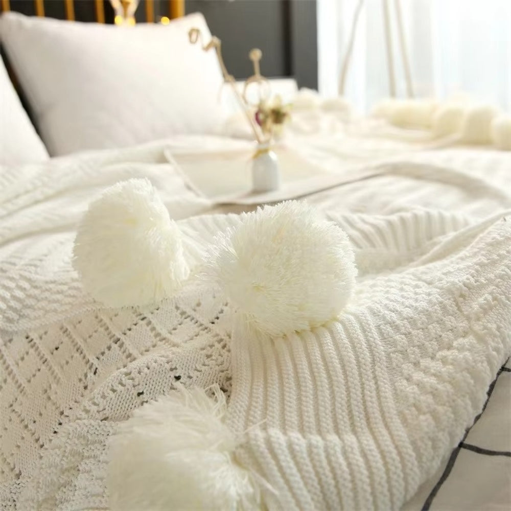Whimsy Fluffy Pom-Pom Macaron Blanket Vanilla Cream