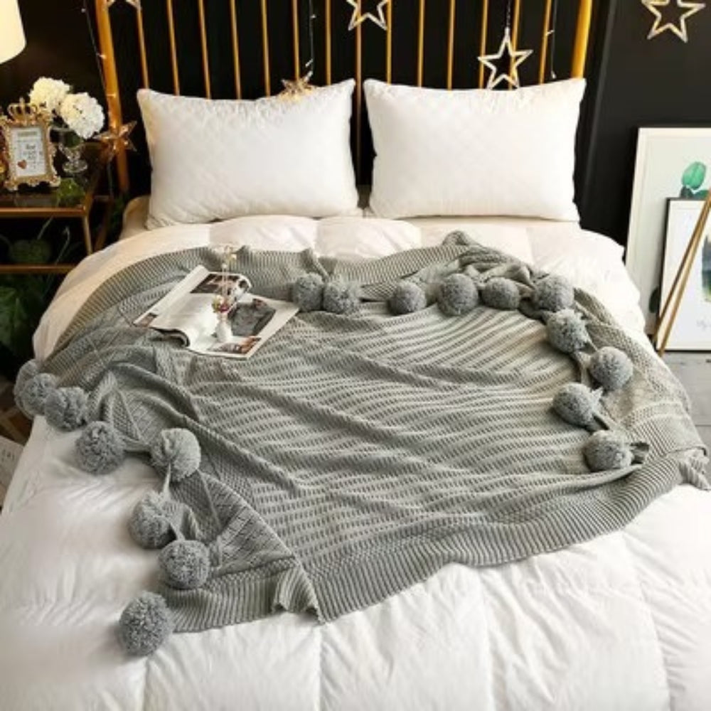 Whimsy Fluffy Pom-Pom Macaron Blanket Pebble Mist