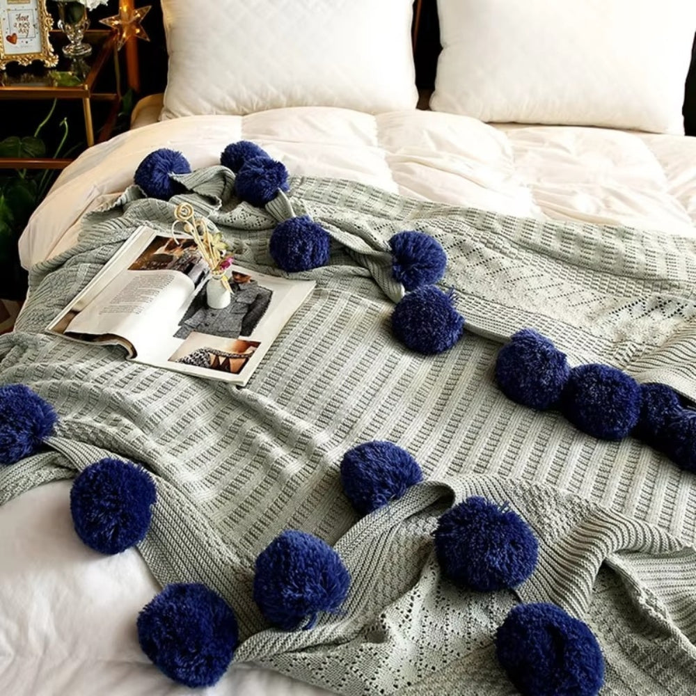 Whimsy Fluffy Pom-Pom Macaron Blanket Sage Indigo
