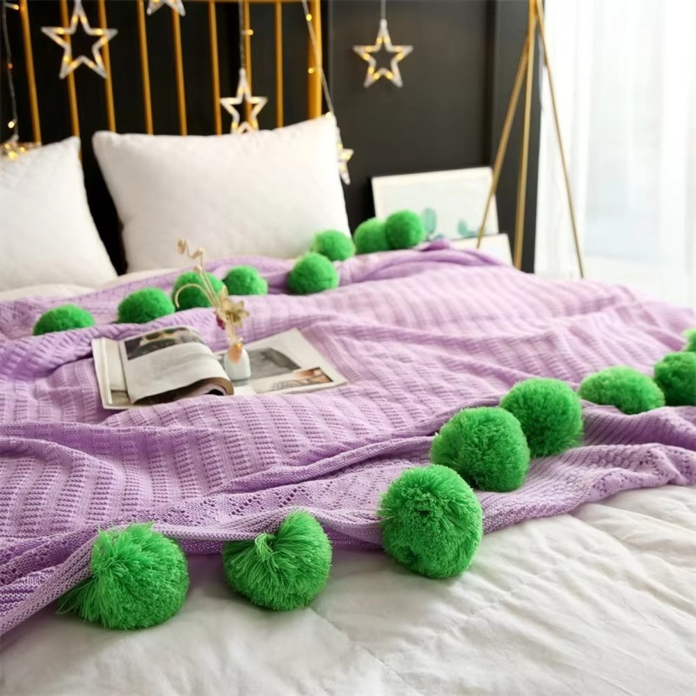 Whimsy Fluffy Pom-Pom Macaron Blanket Lilac Kiwi
