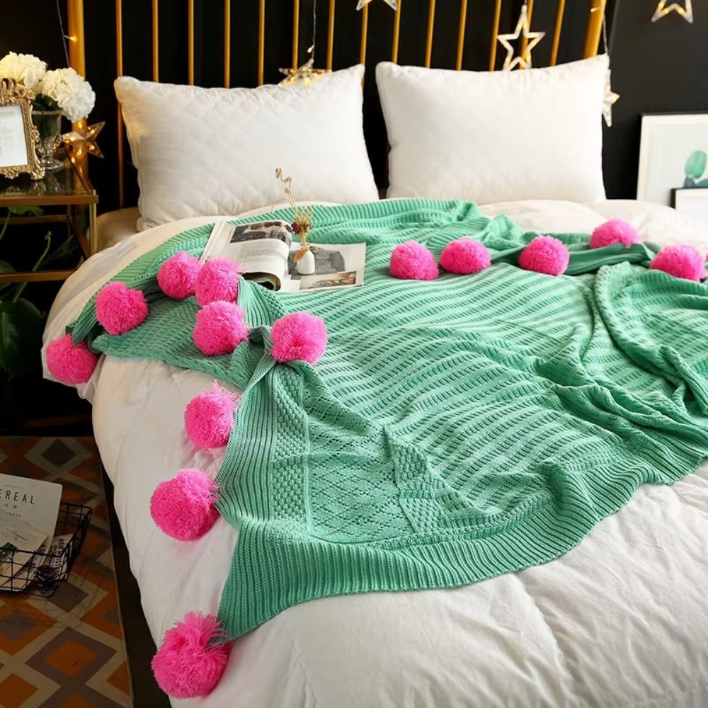 Whimsy Fluffy Pom-Pom Macaron Blanket Mint Candy