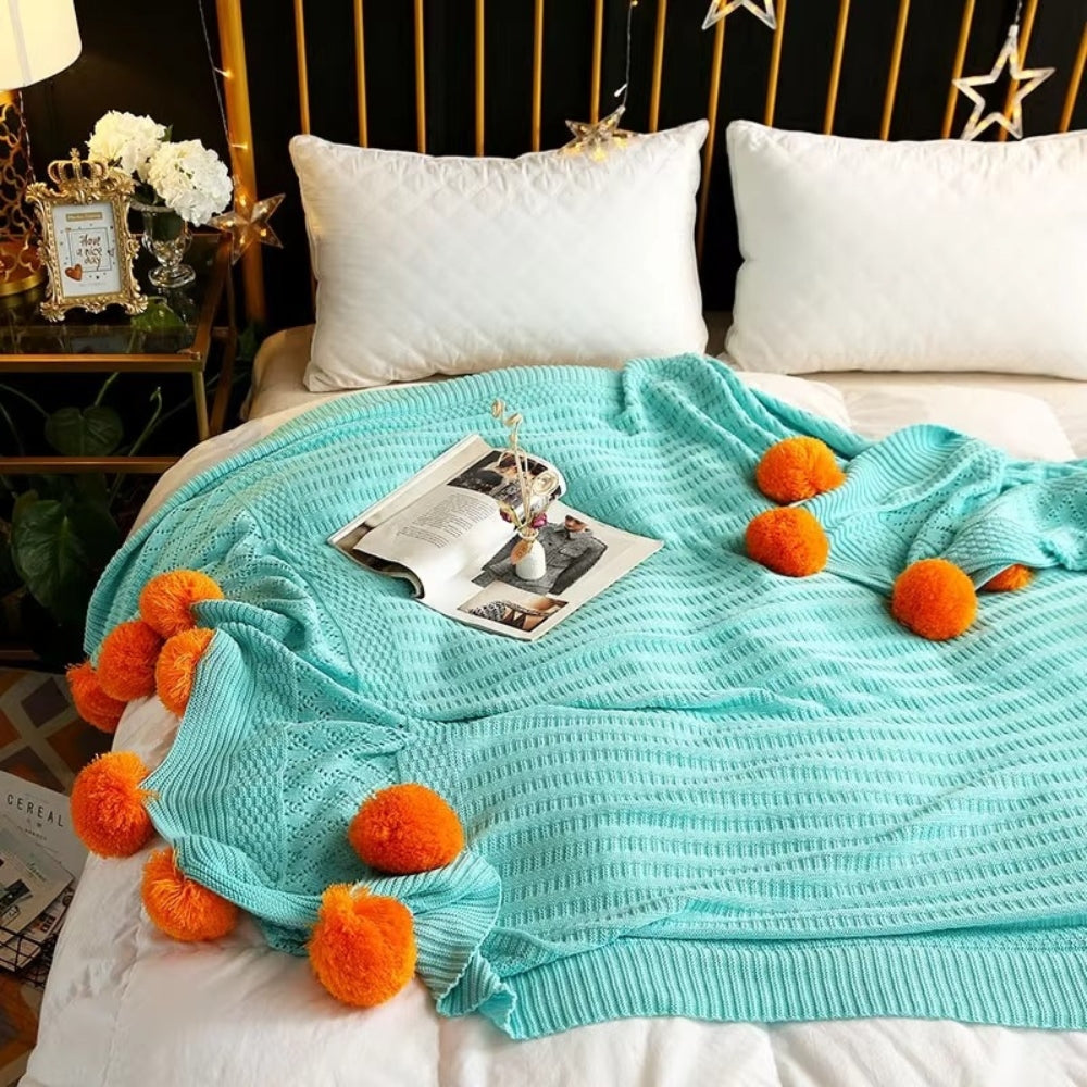 Whimsy Fluffy Pom-Pom Macaron Blanket Mint Citrus