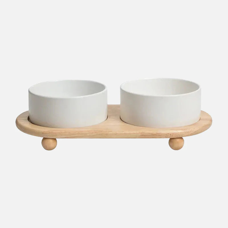 Whisker Wood Pet Feeding Bowl White Double with Stand