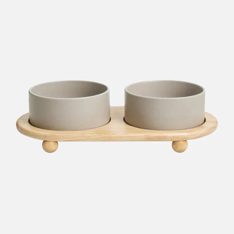 Whisker Wood Pet Feeding Bowl Gray Double with Stand