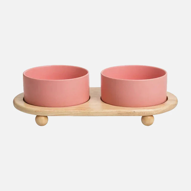 Whisker Wood Pet Feeding Bowl Pink Double with Stand