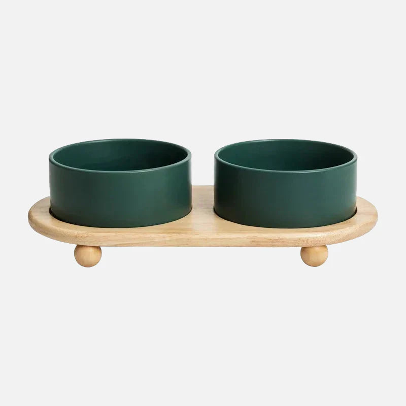 Whisker Wood Pet Feeding Bowl Green Double with Stand
