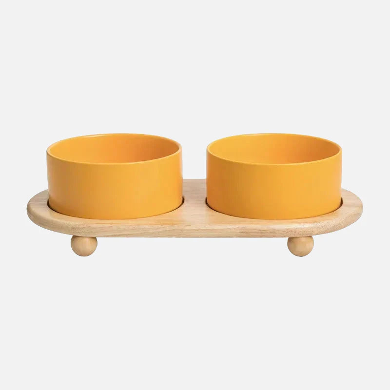 Whisker Wood Pet Feeding Bowl Yellow Double with Stand