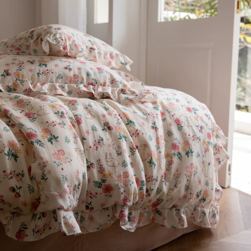 Floral Bunny Bedding Set — Cotton Gauze Kids Duvet Cover Set