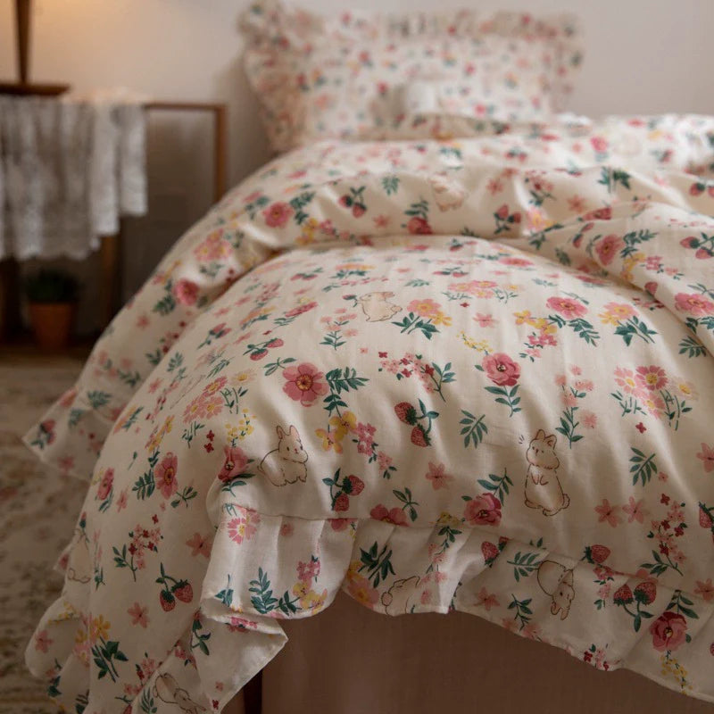 Floral Bunny Bedding Set — Cotton Gauze Kids Duvet Cover Set