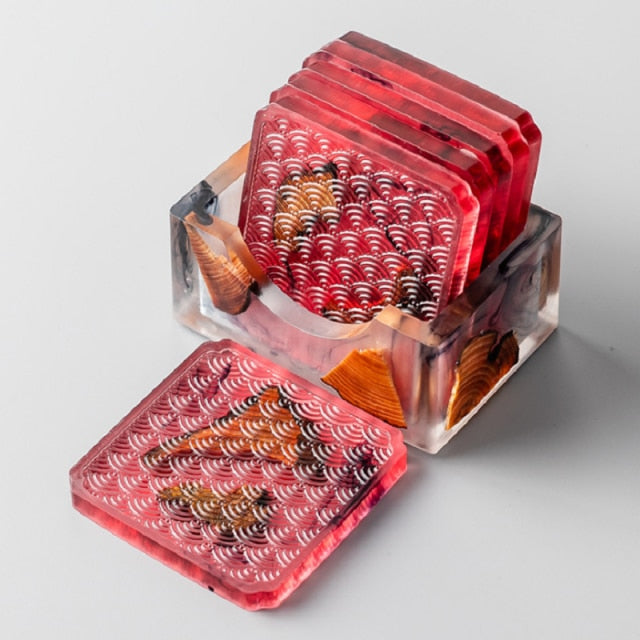 Wood & Colored Resin Coasters 6pc Set Red