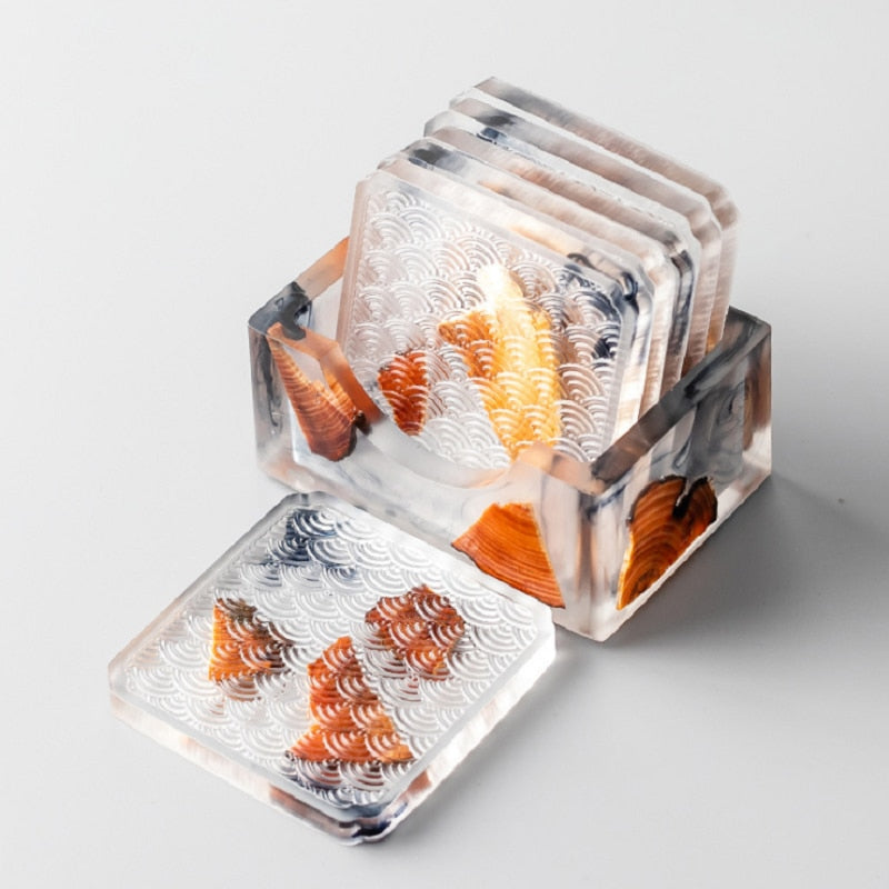Wood & Colored Resin Coasters 6pc Set Clear