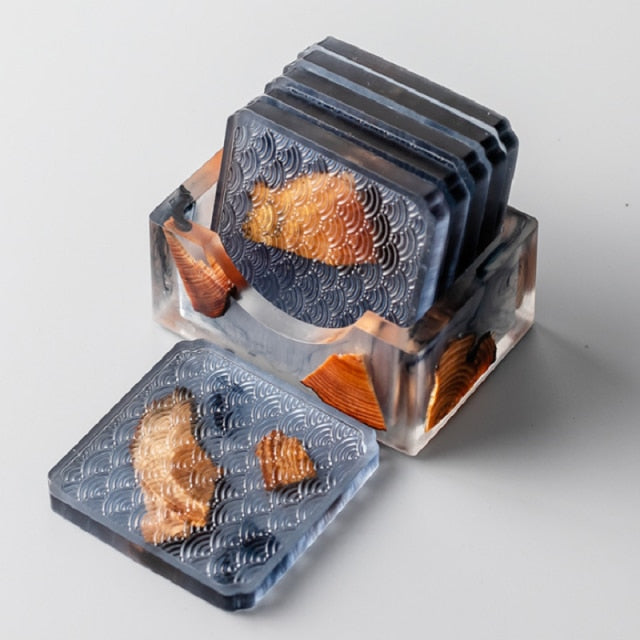 Wood & Colored Resin Coasters 6pc Set Gray
