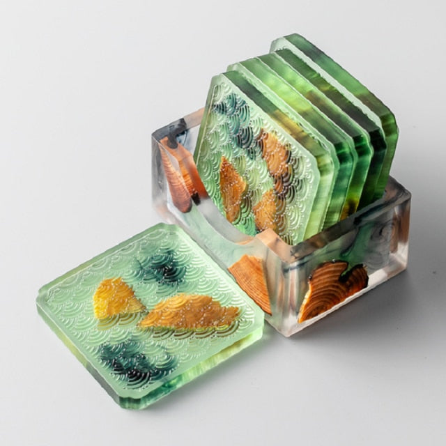 Wood & Colored Resin Coasters 6pc Set Green