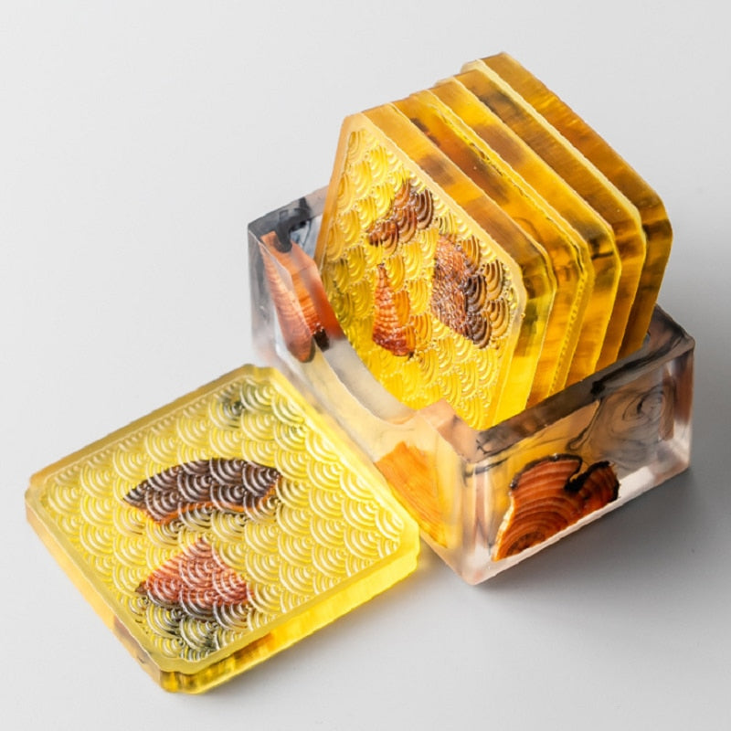 Wood & Colored Resin Coasters 6pc Set Yellow