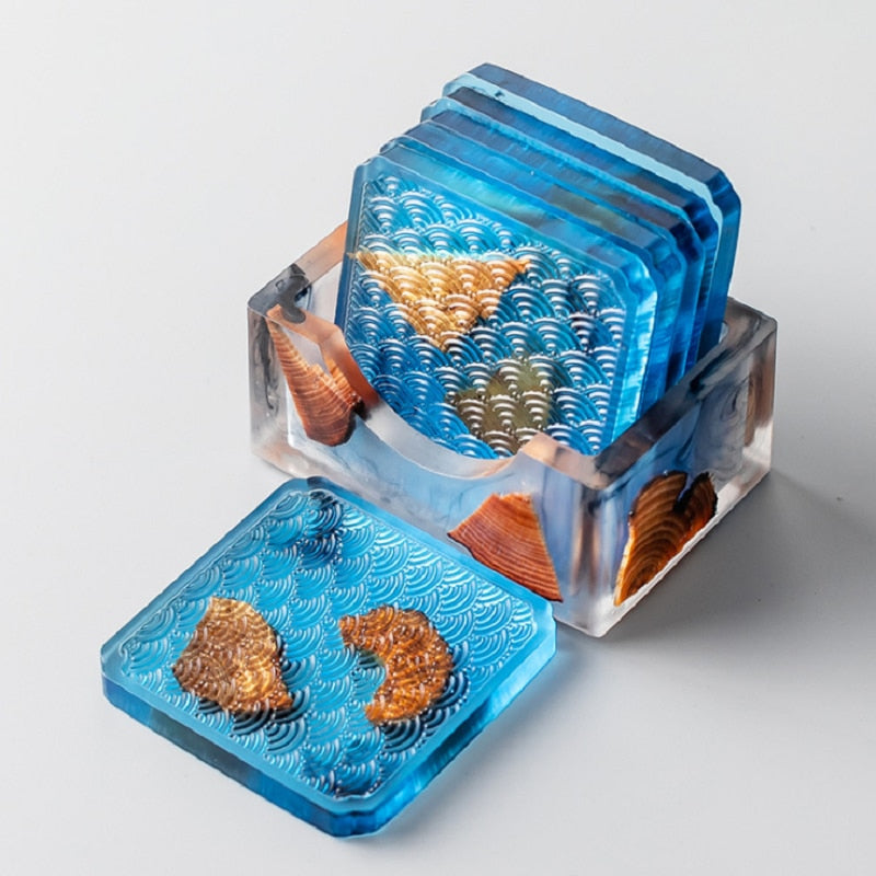 Wood & Colored Resin Coasters 6pc Set Blue