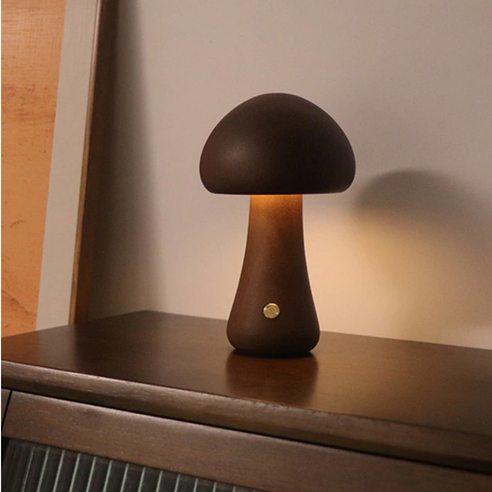 In the Woods Mushroom Cordless Table Lamp Flared Tall Dark Wood