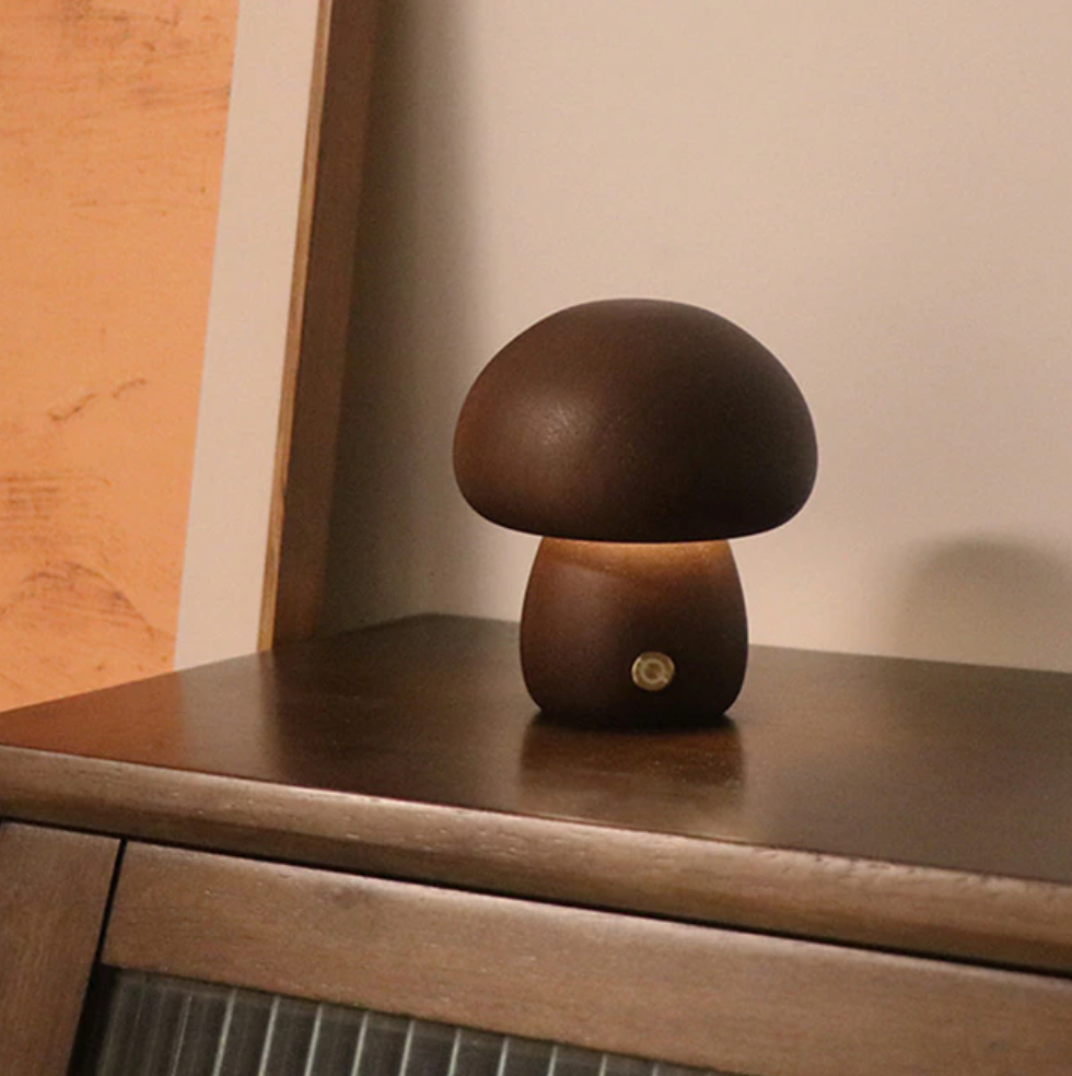 In the Woods Mushroom Cordless Table Lamp Shroom Short Dark Wood