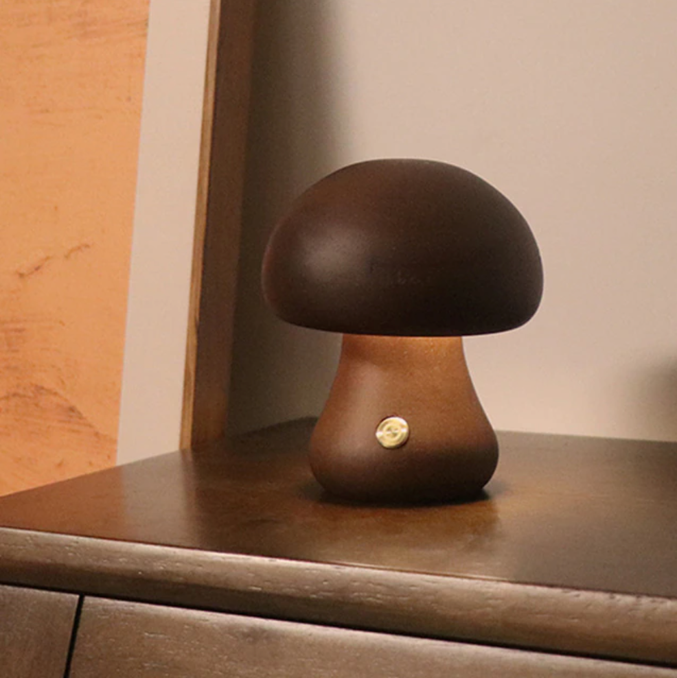 In the Woods Mushroom Cordless Table Lamp Flared Short Dark Wood