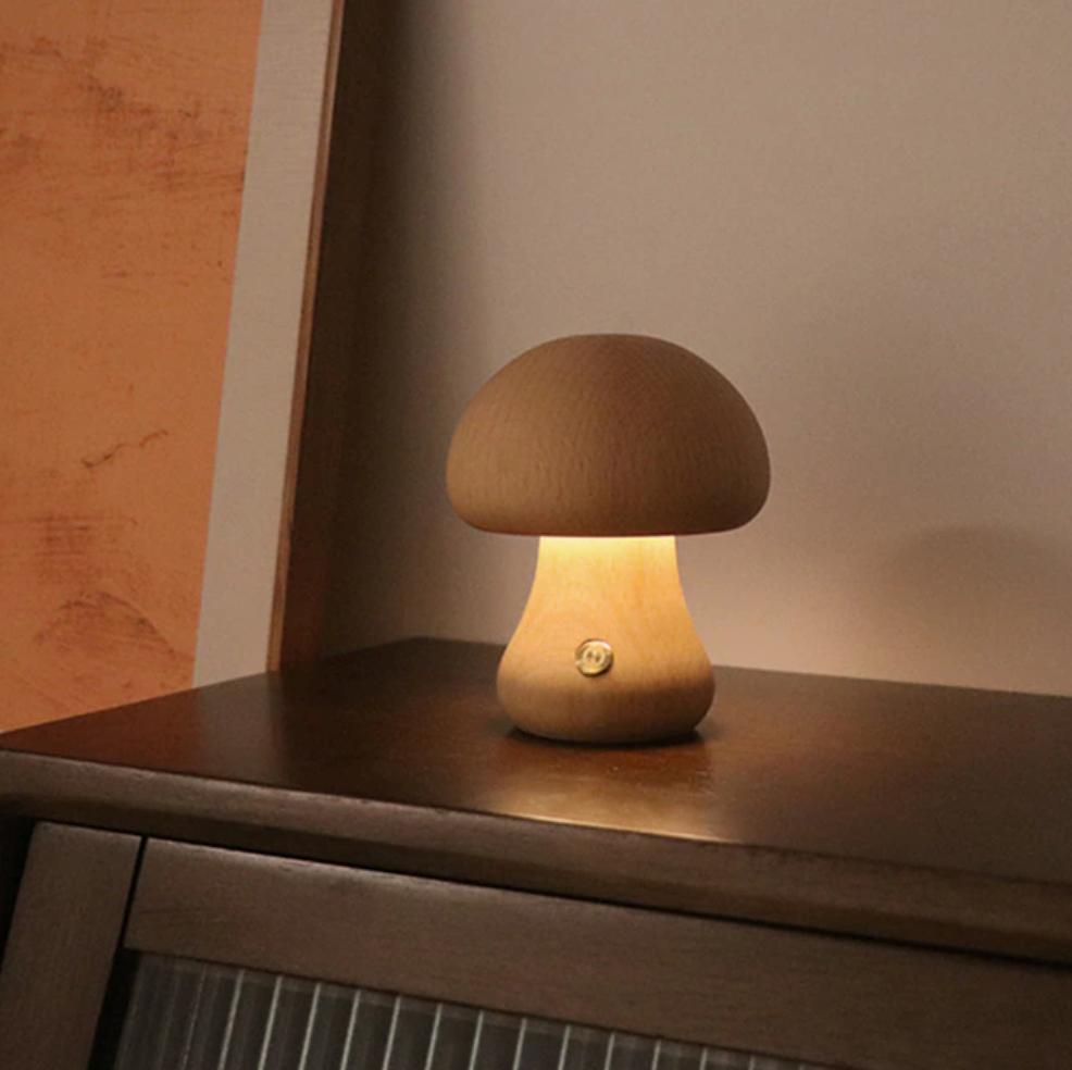 In the Woods Mushroom Cordless Table Lamp Flared Short Natural Wood