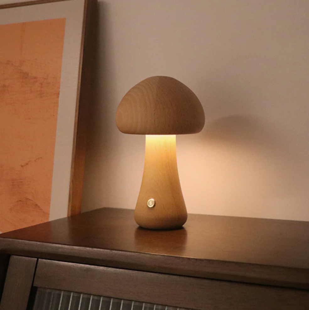 In the Woods Mushroom Cordless Table Lamp Flared Tall Natural Wood