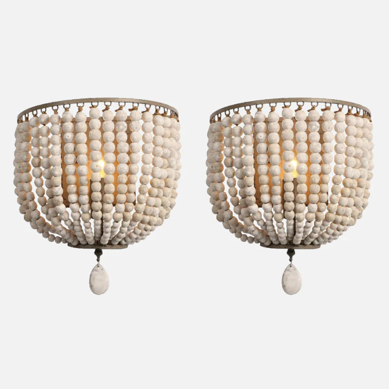 Wooden Bead Cascade Wall Lamp Lime White Pair