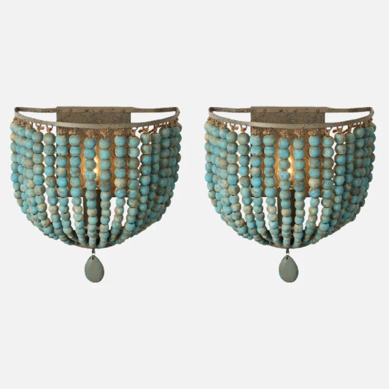 Wooden Bead Cascade Wall Lamp Blue Pair