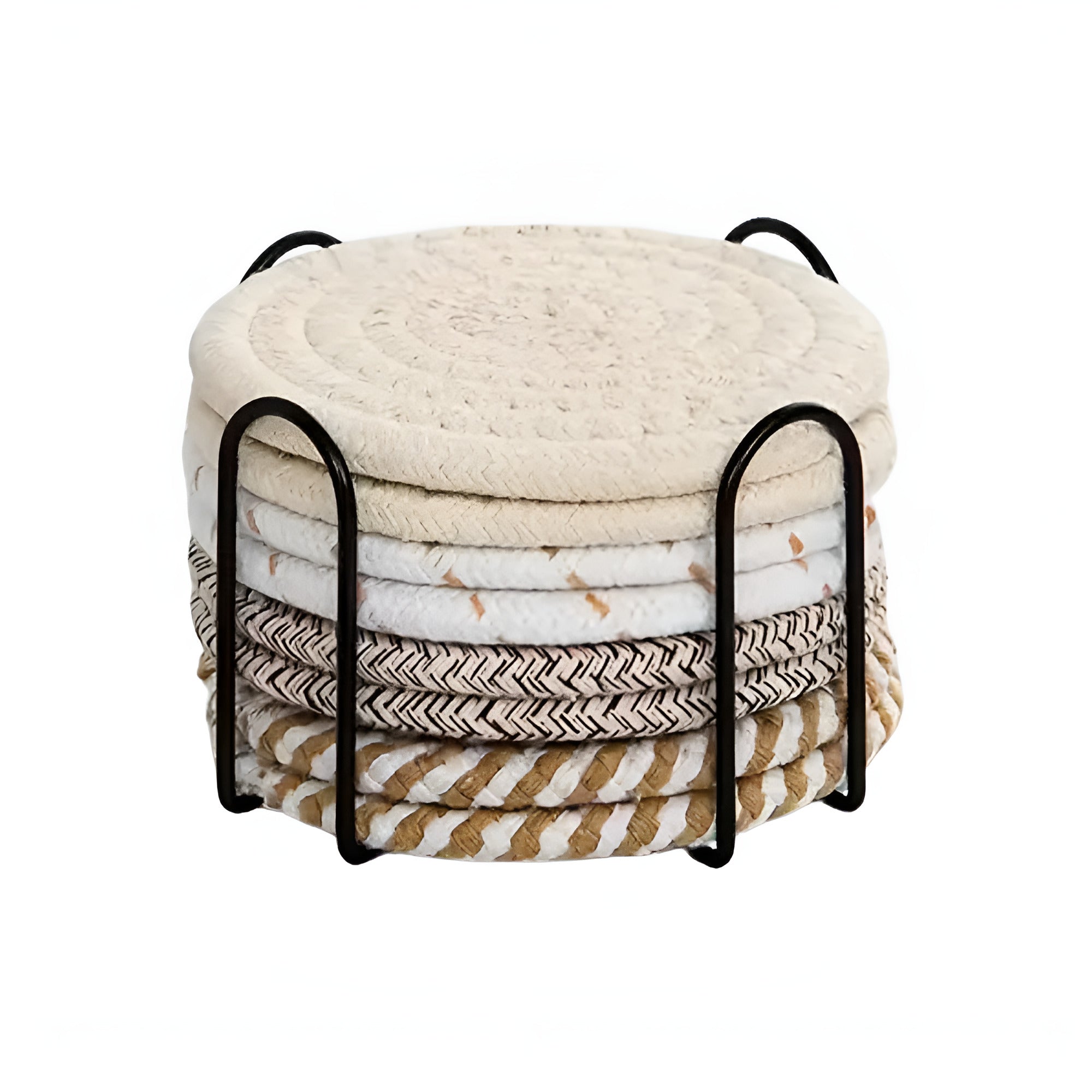 Woven Whirl Coaster Set | 8Pcs Set Boho Cream Mix