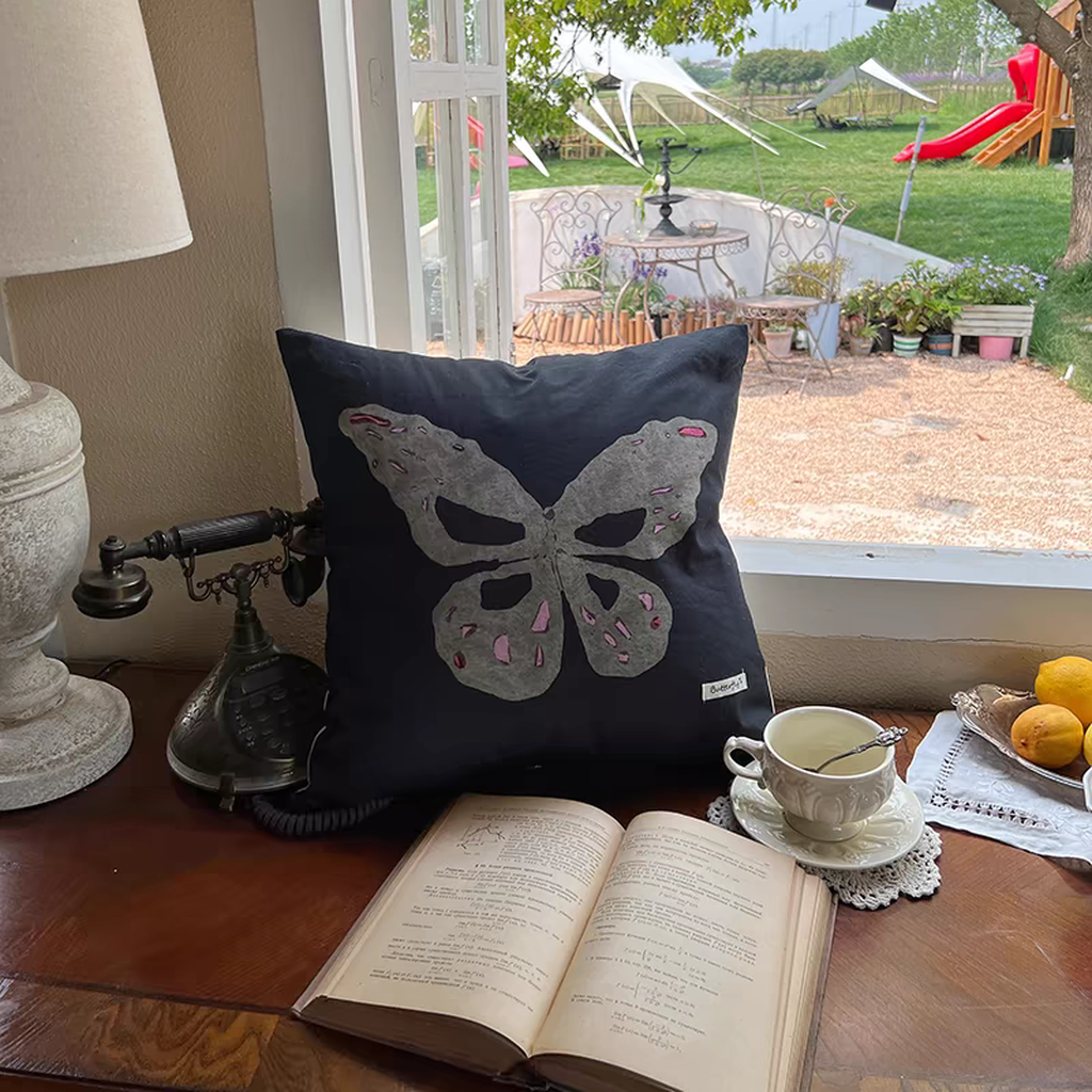 Y2K Butterfly Printed Throw Pillow Black