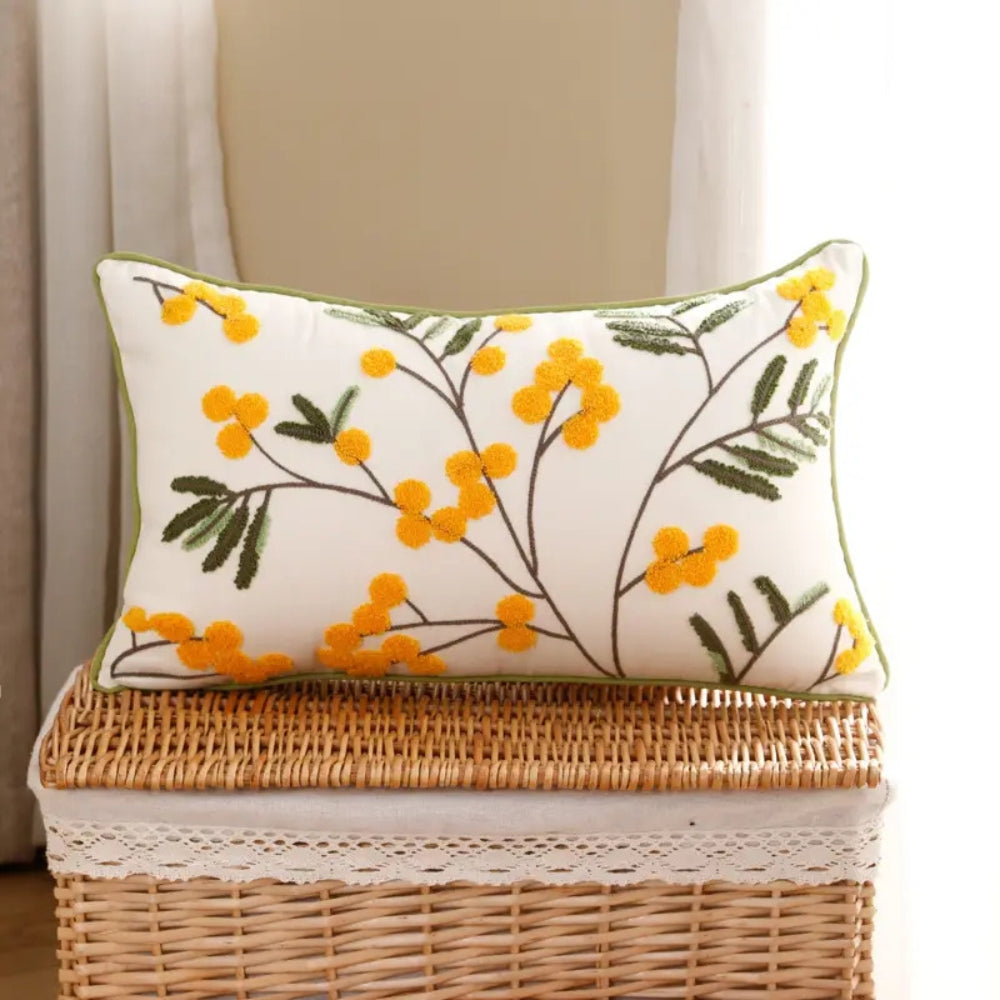 Yellow Bloom & Leaf Embroidery Cushion Cover 12"x20"