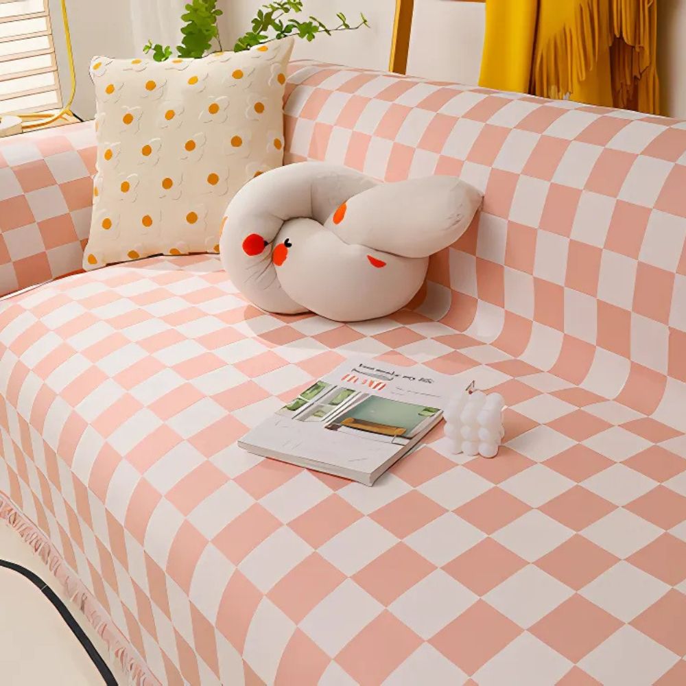 Checkerboard Anti-Scratch Sofa Cover Pink