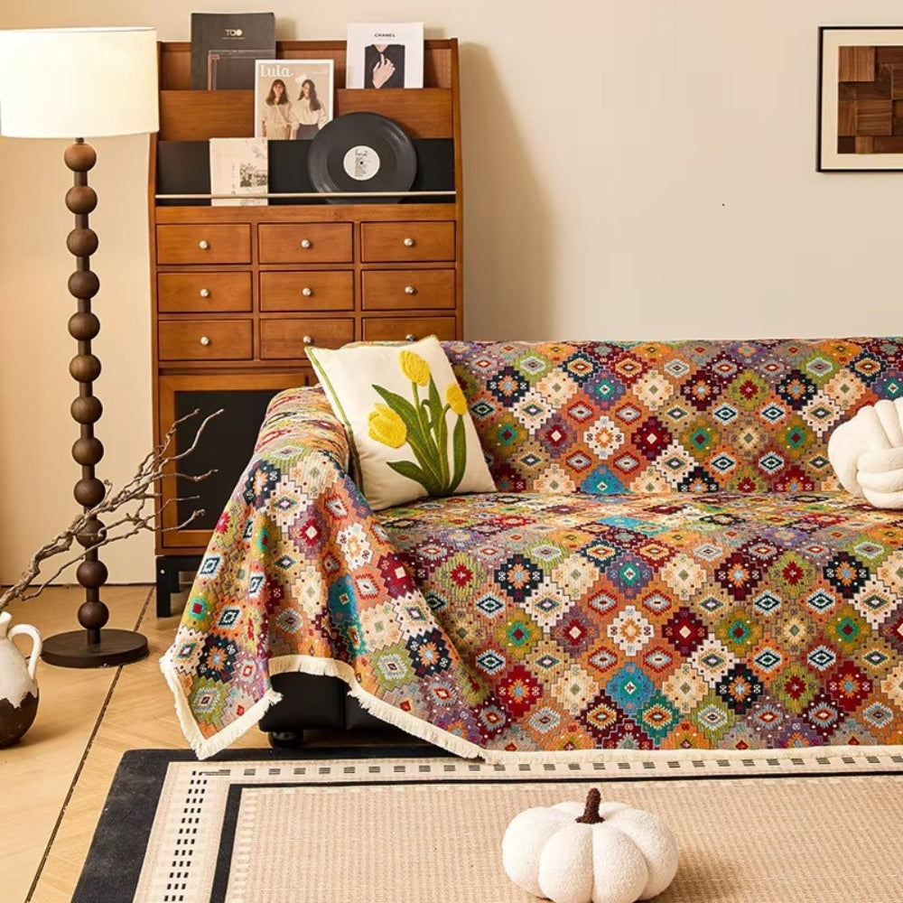 Zahara Geometric Tribal Kilim Sofa Cover Saffron Mosaic