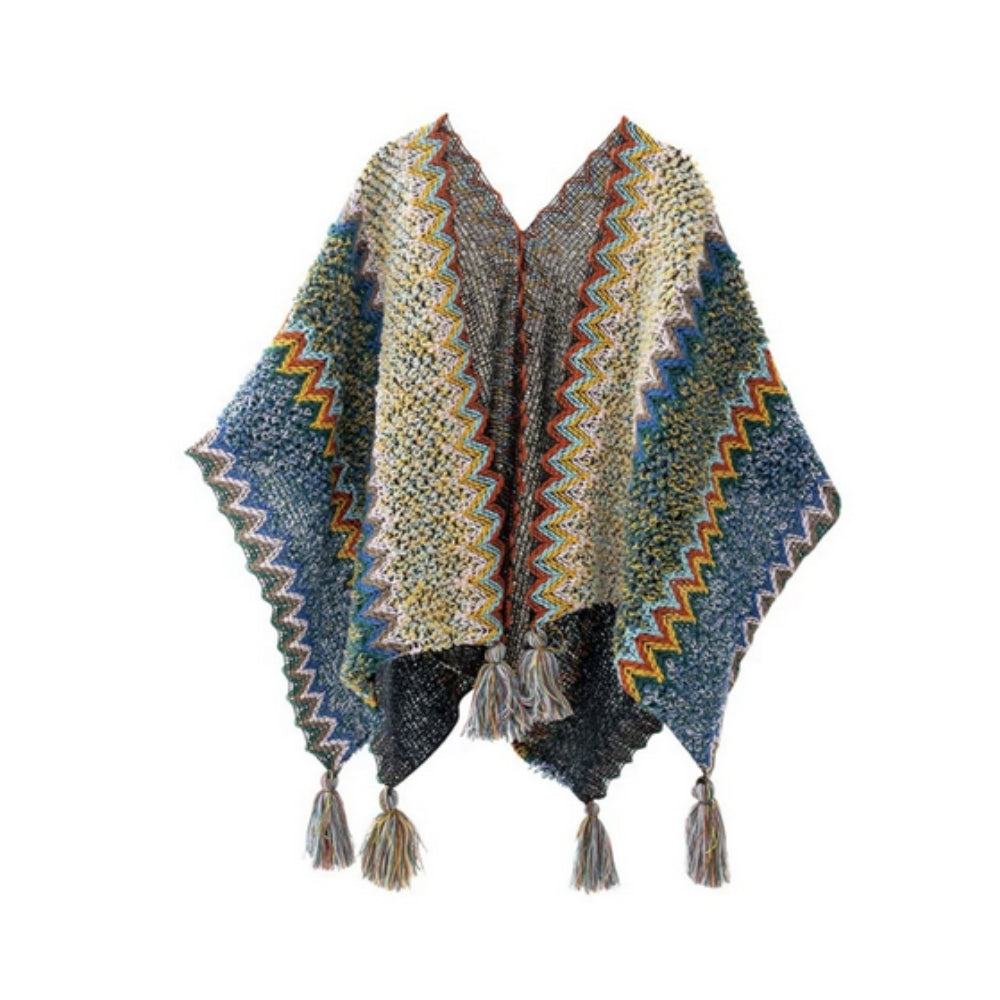 Zayla Tassel Striped Poncho Shawl Olive Chevron