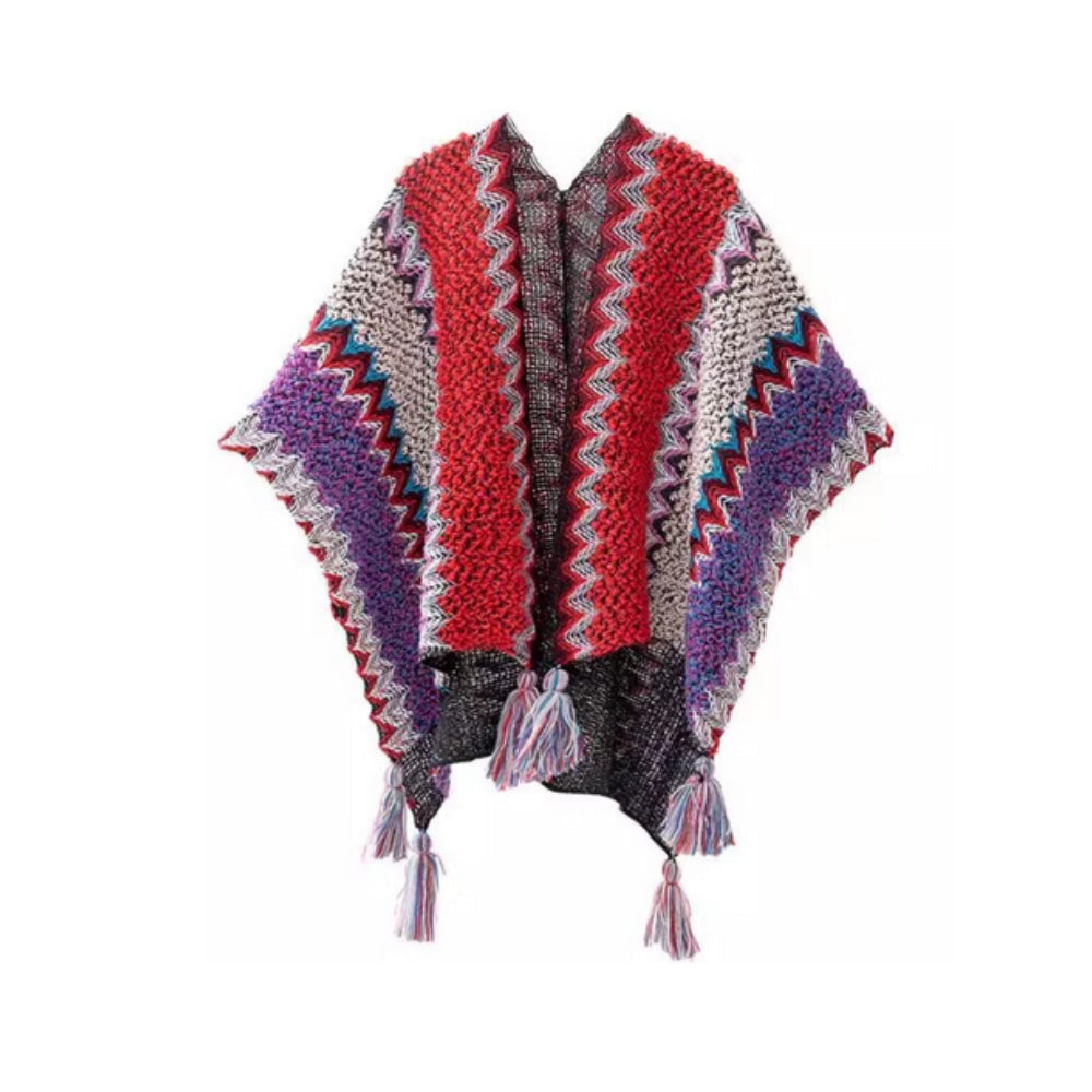 Zayla Tassel Striped Poncho Shawl Crimson Wave