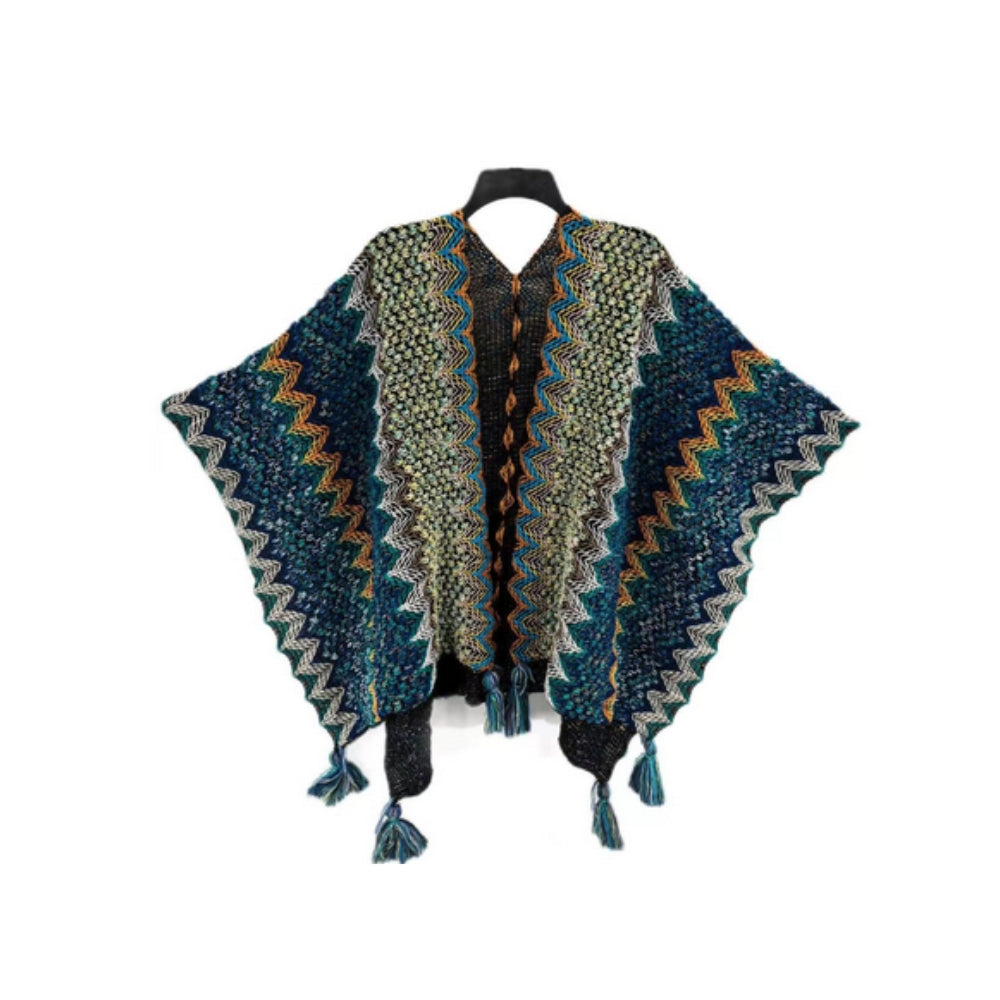 Zayla Tassel Striped Poncho Shawl Midnight Fern