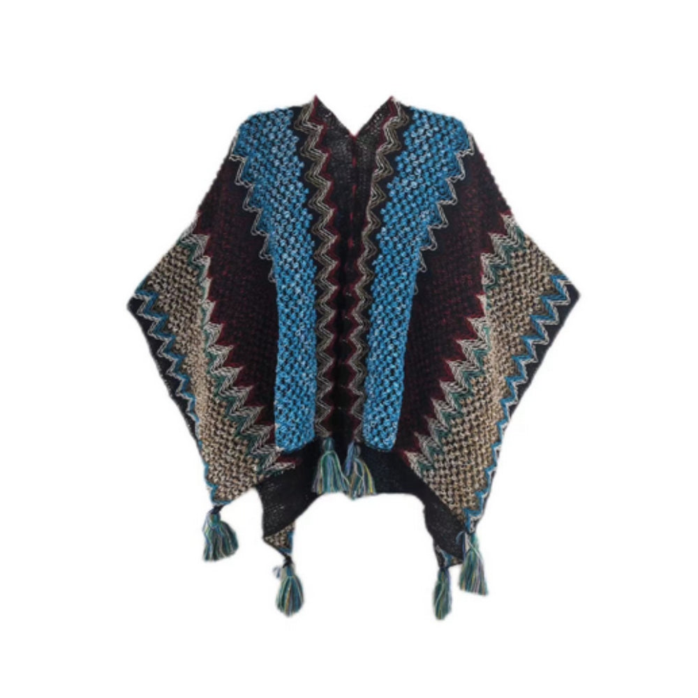 Zayla Tassel Striped Poncho Shawl Mocha Sapphire
